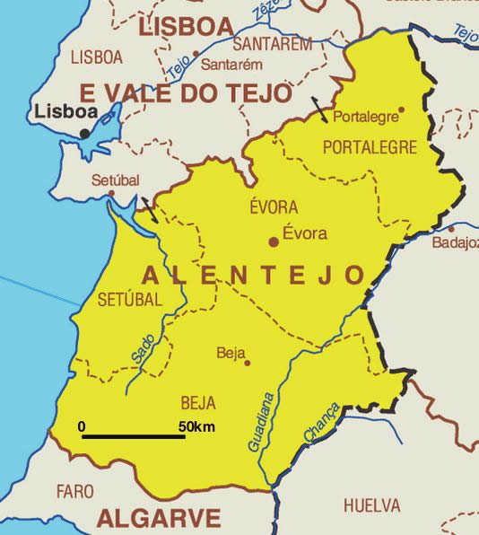 Die  portugiesische Provinz Alentejo, zwischen Lissabon und der Algarve. Karte von www.alentegria.com