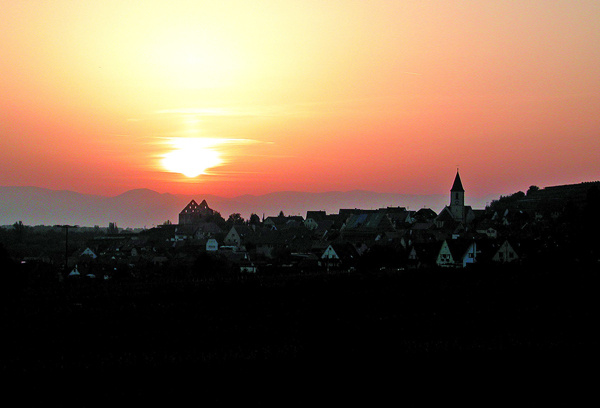 Burkheim am Kaiserstuhl bei Sonnenuntergang - im Hintergrund die Vogesen