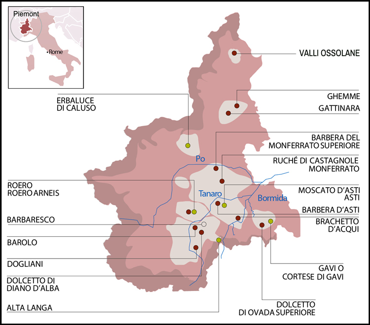 Piemont mit den wichtigsten DOC und DOCG Weingebieten. Quelle: I Vini del Piemonte