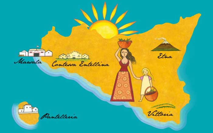 Die Karte zeigt, wo die Weingüter von Donnafugata liegen: In Contessa Entellina, in Vittoria, am Etna, auf der Insel Pantelleria sowie das Haupthaus in Marsala.