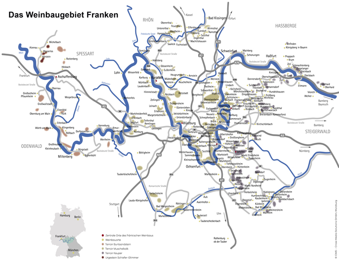 Weinbaugebiet Franken mit Hinweisen auf die Terroirs - per Klick als PDF