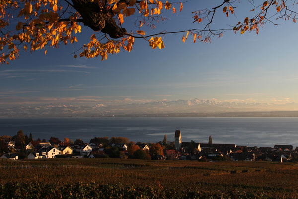 Herbstliche Abendstimmung in Hagnau am Bodensee mit Blick auf die Alpen.