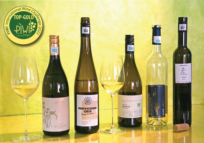 Die besten Weißweine trocken beim PIWI International Wine Challenge 2022, alle mit TOP-GOLD bewertet. Die Erzeuger von links: Weingut Kollerhof, Weingut Dr. Eva Vollmer, Weingut im Hagenbüchle, Weinhof Winter, Weingut Pär Fredholm / Schweden. Foto: bonvinitas