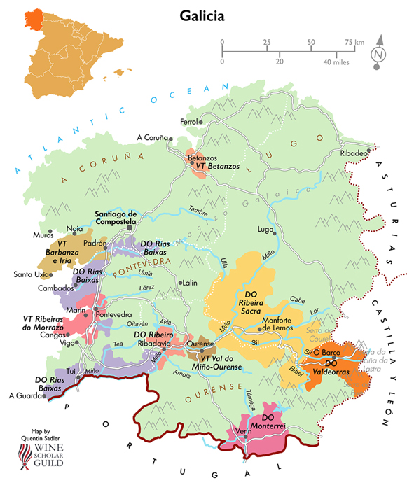 Die Weinbaugebite Galiziens. Karte: Wine Scholar Guild