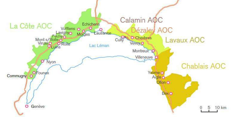 Das Lavaux AOC Gebiet - hellgrün - mit den Unterregionen Calamin und Dézaley. Grafik: Office du Tourisme du caton de Vaud