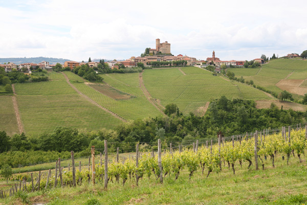 Blick von Rivetto auf Serralunga mit Burg