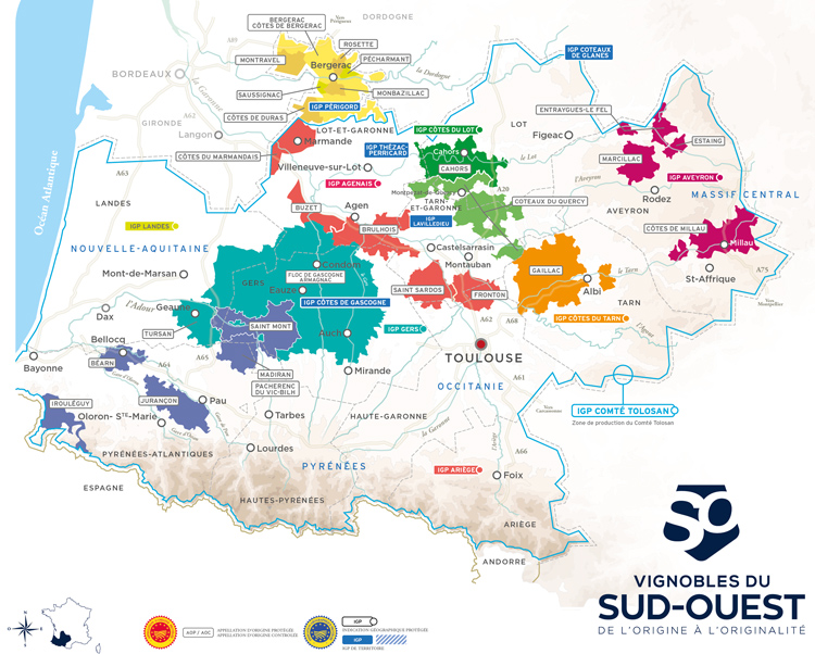Das Madiran findet sich inmitten der dunkelblauen Farbflächen in der Südwest-Ecke Frankreichs. Karte: France Sud-Ouest