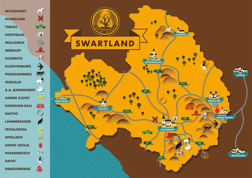 Das Swartland, an der Westküste Südafrikas, das ca. 50 km nördlich von Kapstadt beginnt. Grafik: Swartland Independent Producers 