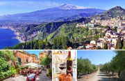 Oben der Etna. Foto: Robert Cicchetti, Adobestock; links: Straßenrestaurant in Taormina, Foto: Valery Bareta. Adobestock; Wein: Sherazade von Donnafugata; rechts: Olivenallee zum Weingut Contessa Entellina von Donnafugata. Foto: bonvinitas