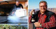 Links: Junior Thomas Peitz bei Kühlen von Sauvignon Blanc Lesegut mit Trockeneis. Rechts: Reinhard Peitz, der seinen Sekt angesichts des Grand Canyon präsentiert.