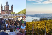 Links: Beim Mainzer Marktfrühstück. Rechts: Nierstein am Rhein