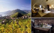 Links: Spitz in der Wachau, dort lädt das Weingut Donabaum ein. Rechts oben: Room im Weingut Il Palacio in Panzano in Chianti im Herzen der Toskana. Rechts unten: Genießen im Winzeranwesen Julius in Hainfeld/Pfalz.