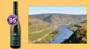 Add Media: 95 bonvinitas points: great Riesling Auslese from the Albert Kallfelz wine estate. The photo shows the Merl Königslay Terraces with the walls on the left, and the village of Zell-Merl in the middle. The location in between is the Stephansberg.