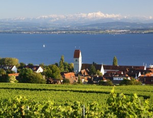 Hagnau am Bodensee mit Blick auf die Alpen