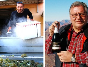 Links: Junior Thomas Peitz bei Kühlen von Sauvignon Blanc Lesegut mit Trockeneis. Rechts: Reinhard Peitz, der seinen Sekt angesichts des Grand Canyon präsentiert.