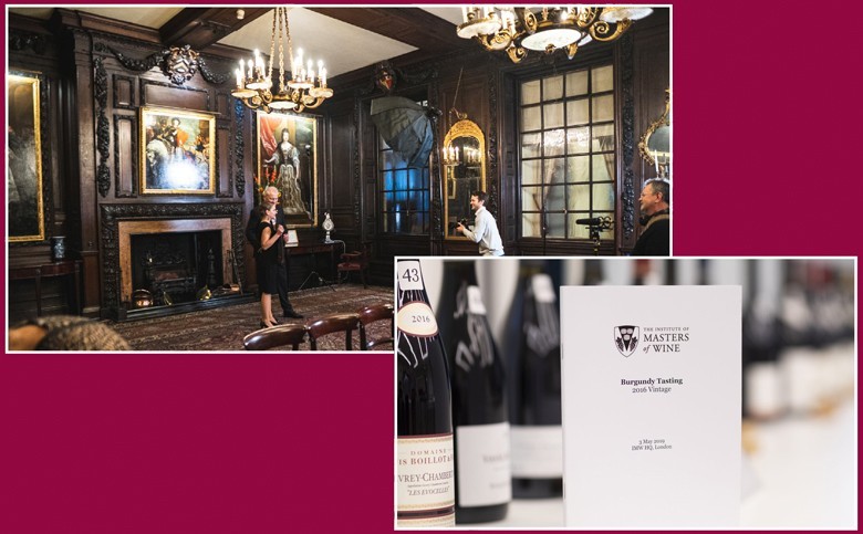 Fotos: Institute of Masters of Wine, London. Oben: Bei der Diplomfeier 2019; unten: beim Burgundertest des Jahrgangs 2016 in 2019