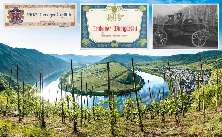 Moselwein zur Blütezeit zählte vor dem 1. Weltkrieg zu den teuersten Weinen auch international. Großes Bild: die Moselschleife bei Bremm, links die steilste Lage, der Bremmer Calmont. Bildnachweise siehe unten.