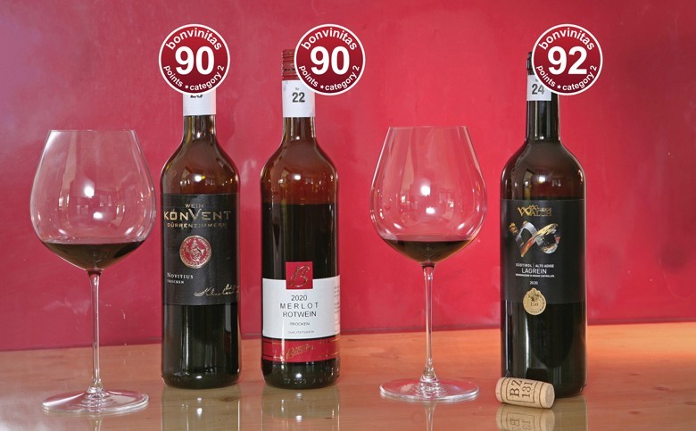 Großartige Rotweine: entdeckt bei der bonvinitas Weinbewertung vom 9.3.2021 in der Kategorie 2, trocken über 12% Alkohol, rote Punkte – hoch bewertete!