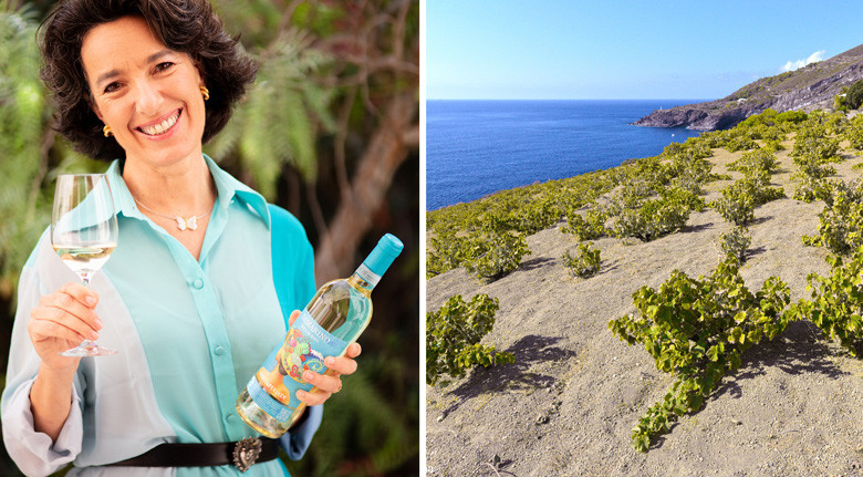 Erster Weinkorken aus Meeresplastik von dem bekannten sizilianischen Weingut Donnafugata. Links: Mitinhaberin José Rallo mit dem betreffenden Wein, rechts: ein zu Donnafugata gehörender Weinberg auf der Mittelmeerinsel Pantelleria direkt an der Küste